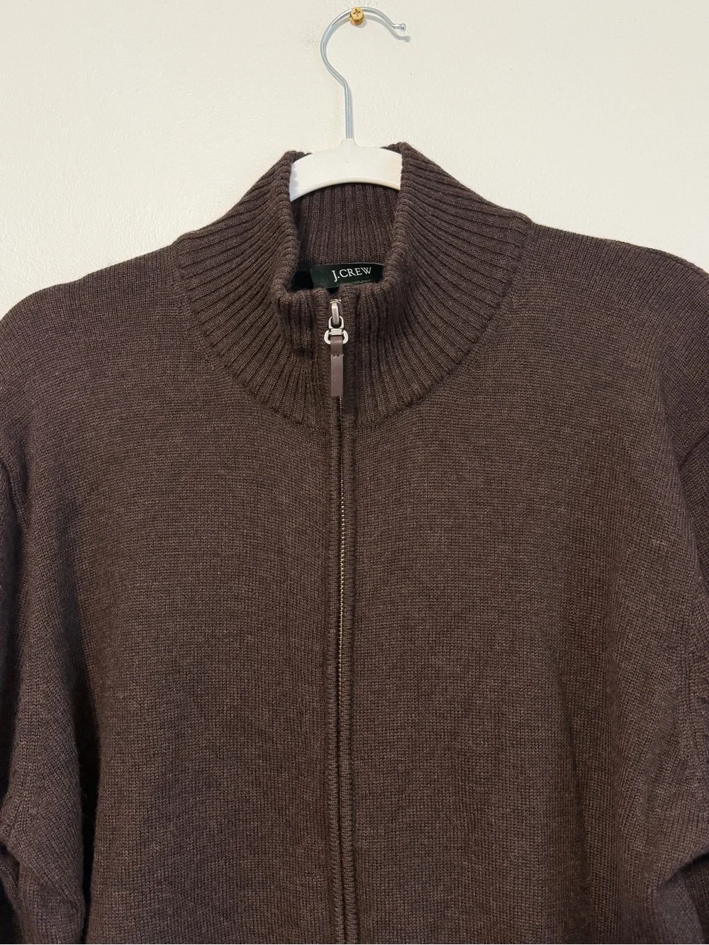 J CREW Mens Sweater Full Zip 100% Merino Wool Brown Casual Preppy LARGE